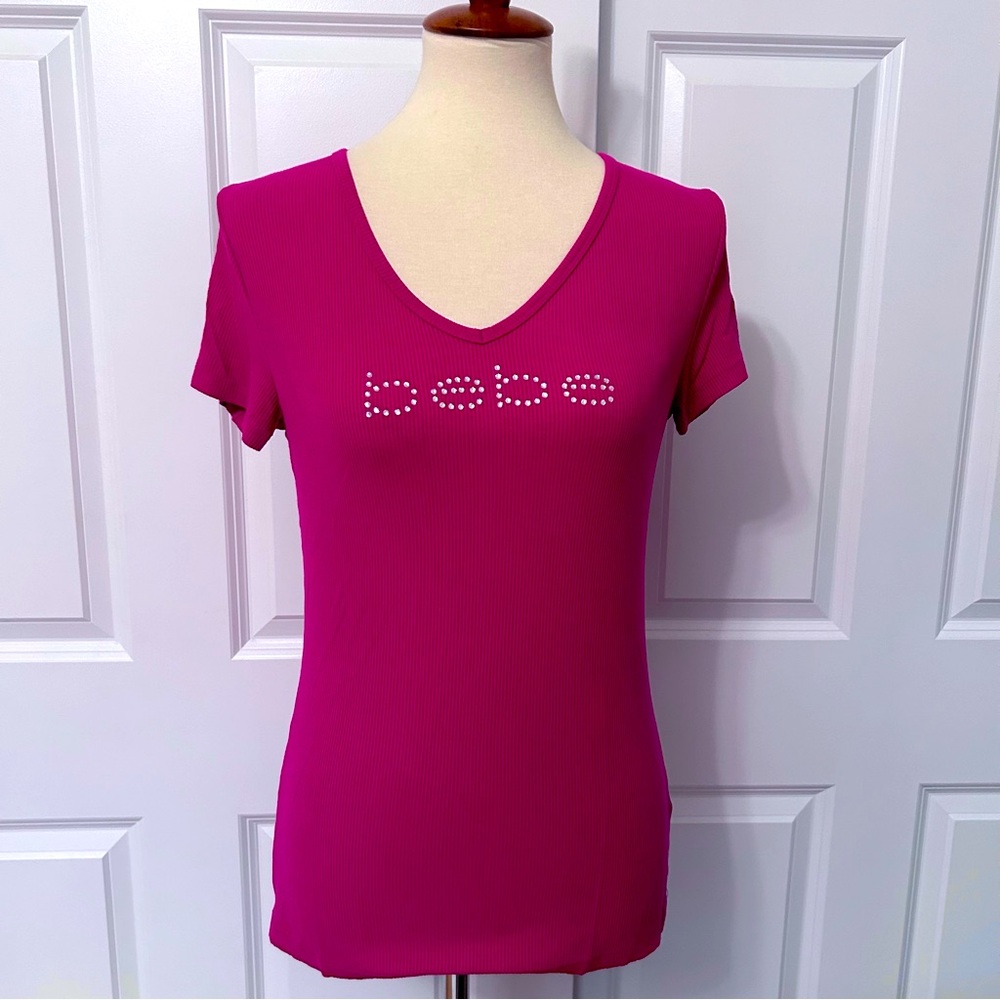 Bebe Hot Pink Crystal Logo Ribbed Tee